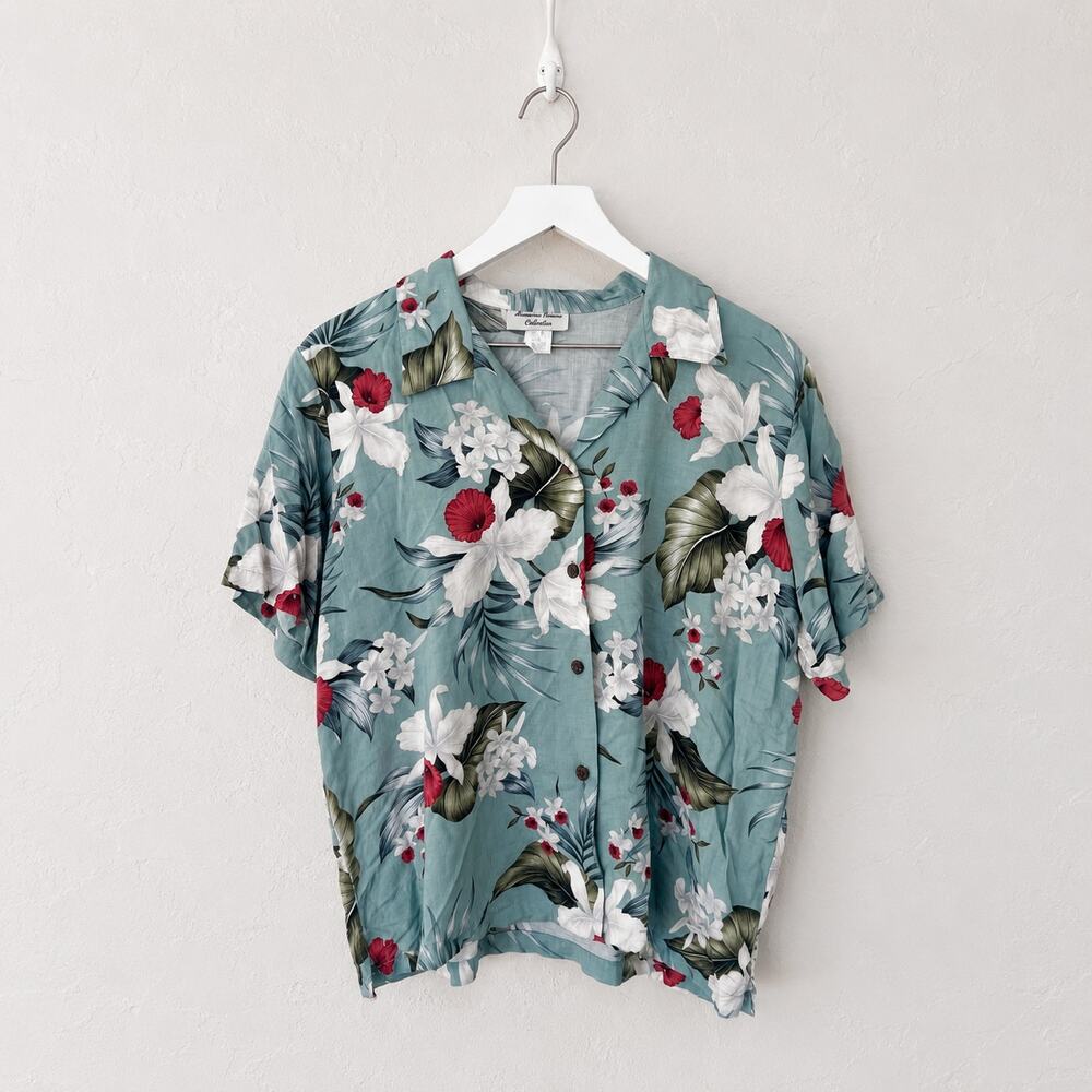 Hawaiian Reserve Collection Sage Floral Rayon Aloha Shirt Made in Hawaii Large